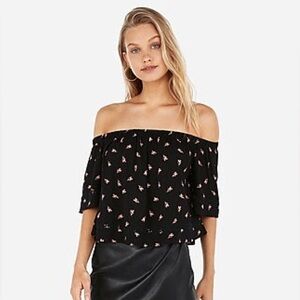 Express Tulip Printed Off The Shoulder Embroidered Trim Top